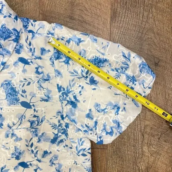 Sam Edelman Floral Embroidered Eyelet Puff Sleeve Mini Shirtdress White Blue, 14 - Picture 12 of 13